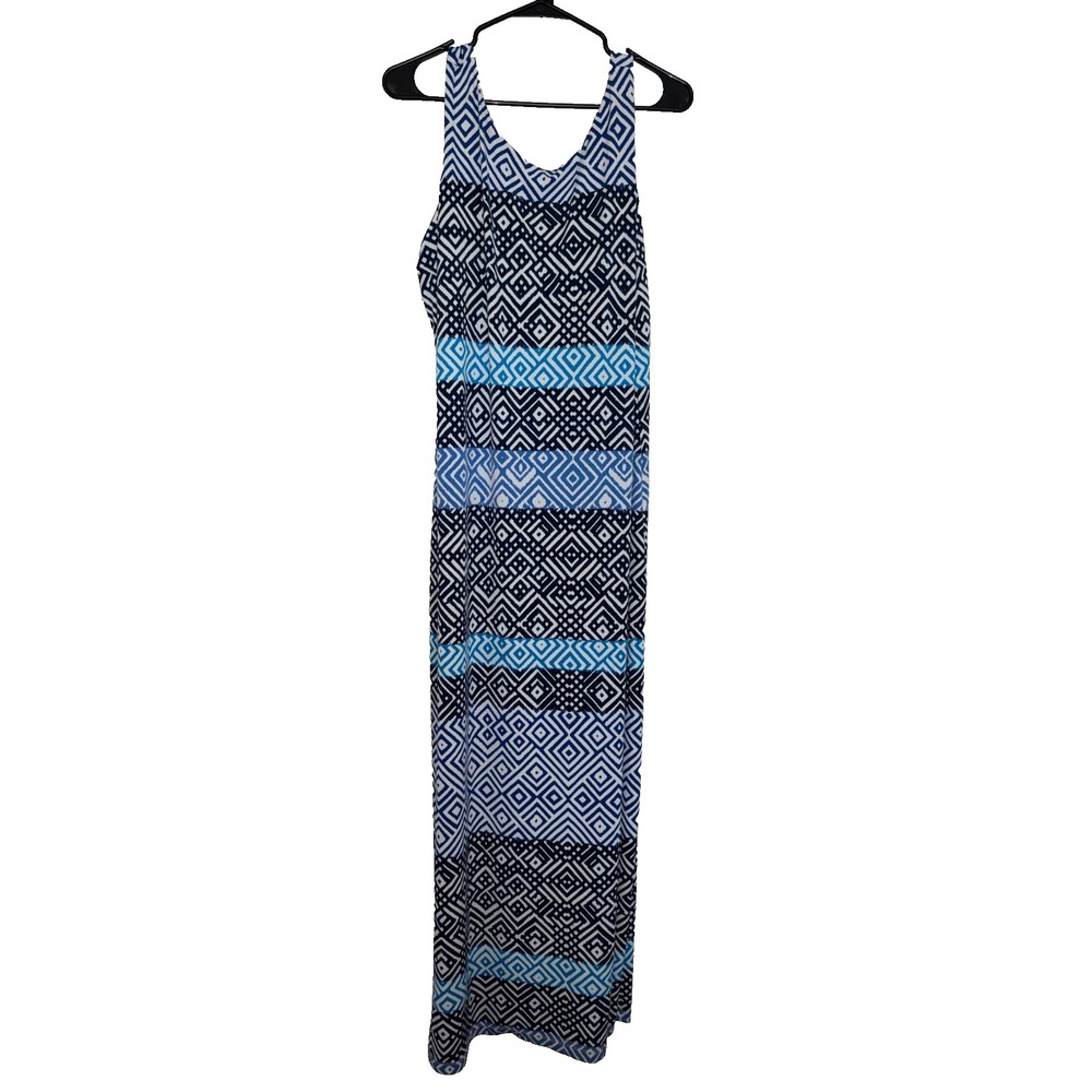 Tommy Bahama Large Mayan Maze Maxi Dress Sleeveless Resortwear Geometric Blue
